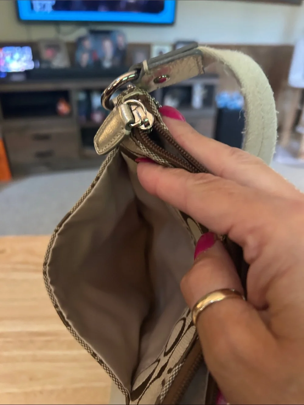 Coach Brown Signature Crossbody with Metallic Gold Stripe